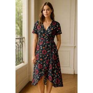 Marine Layer Floral Wrap Midi Dress Short Sleeve V Neck Navy‎ Blue XS